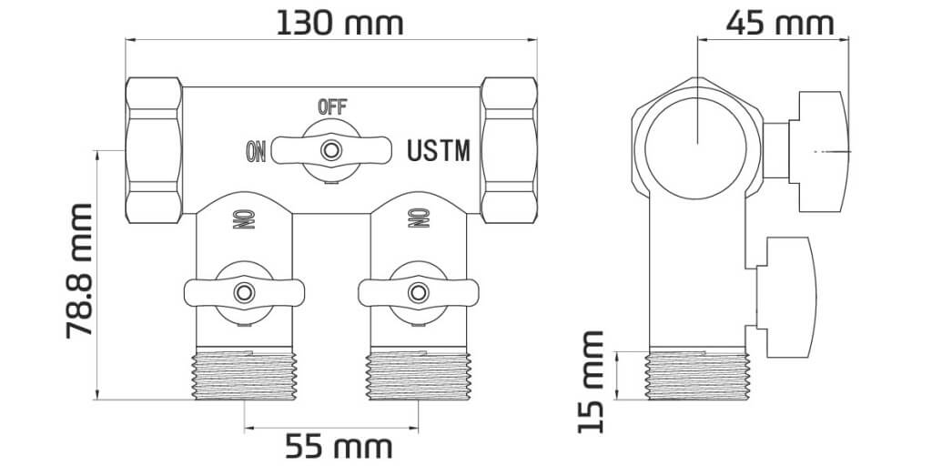 USTM Bypass ventil MULTILINE pre zmäkčovač vody, rozmery
